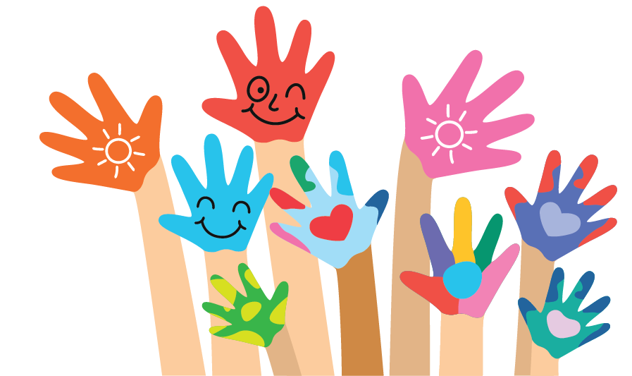 Children's colorful painted hands raised up